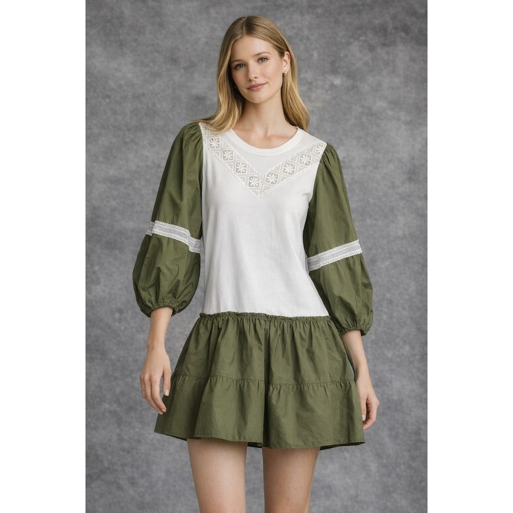 Tanya Taylor Kirstie Dress White Olive Cotton Puff Sleeve Tiered Cottagecore